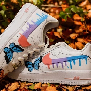 Butterflies Blue Drip Custom Air Force 1 Shoes, Custom Hand Painted Butterflies Blue Drip AF1, Hand Painted AF1 Sneaker, Free Shipping