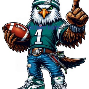 Könnte beinhalten: Ein Cartoon-Adler, der eine grün-weiße Mütze, ein grün-weißes Trikot mit der Nummer "1" auf der Vorderseite, blaue Jeans und grün-weiße Turnschuhe trägt. Der Adler hält einen braunen Football und zeigt mit seinem rechten Flügel.