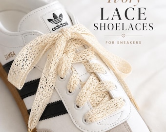 Cordones de encaje de ganchillo color marfil para zapatillas deportivas, cordones coquetos para zapatos, cordones para zapatillas de novia, cordones de cinta para sambas.