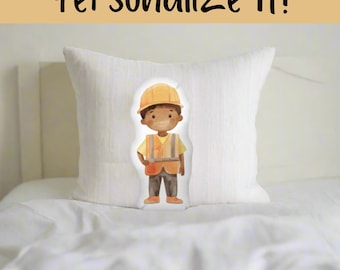 Almohada de niño obrero de la construcción: decoración personalizada para habitaciones infantiles, combina con almohadas de camión, un regalo ideal para pequeños constructores, regalo personalizado.