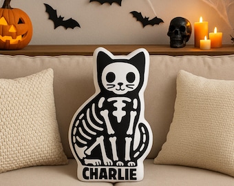 Almohada de peluche de gato esqueleto: decoración de Halloween personalizada, regalo para amantes de los gatos