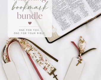 May include: A matching bookmark bundle featuring a long floral fabric ribbon with a metal cross charm and a rectangular white leatherette tag with a matching cross charm, displayed with an open Bible and text reading matching bookmark bundle.