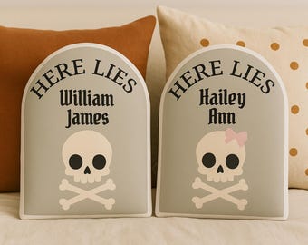 Almohada de lápida personalizada: decoración infantil de Halloween con calavera