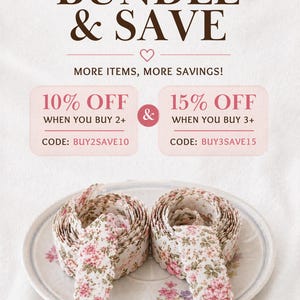 May include: Two floral patterned shoelaces are coiled on a decorative plate. The laces have a white background with pink and red flowers. The image also includes text that reads "BUNDLE & SAVE" and offers discounts when purchasing multiple items.
