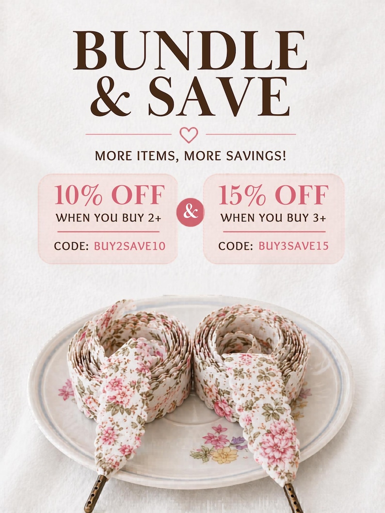 May include: Two floral patterned shoelaces are coiled on a decorative plate. The laces have a white background with pink and red flowers. The image also includes text that reads "BUNDLE & SAVE" and offers discounts when purchasing multiple items.