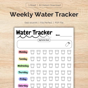 May include: Printable weekly water tracker with a black and white water glass icon for each day of the week. The tracker has a section for hydration goals and notes. The text "Water Tracker" is in a blue wave design.