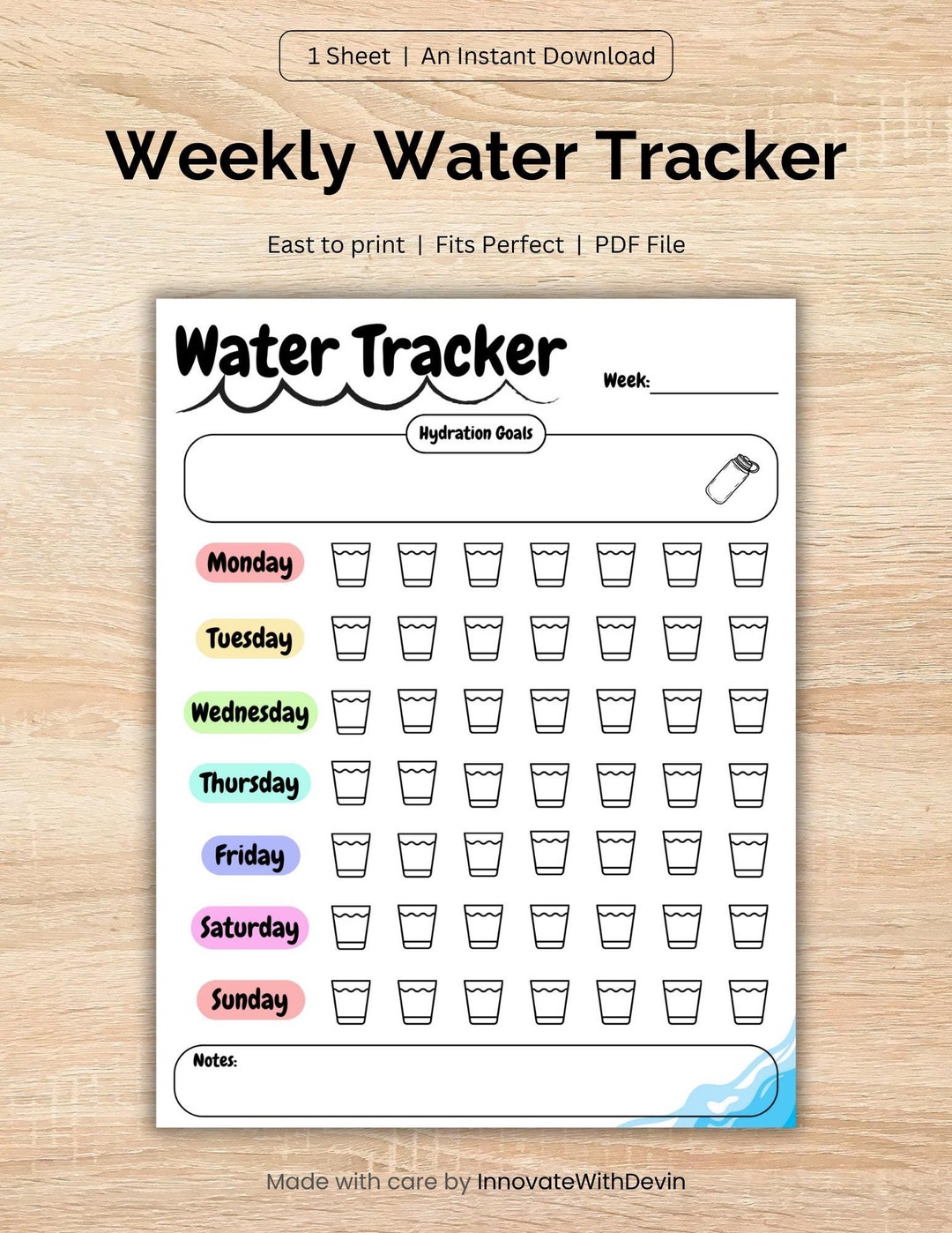 Weekly Water Tracker Printable - Stay Hydrated & Track Intake - Etsy