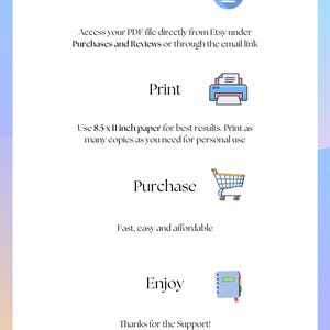 K&ouml;nnte beinhalten: Eine Grafik mit Anweisungen zum Herunterladen, Drucken, Kaufen und Genie&szlig;en eines digitalen Produkts. Die Grafik enth&auml;lt Symbole f&uuml;r jeden Schritt, darunter ein Download-Pfeil, ein Drucker, ein Einkaufswagen und ein Notizbuch.