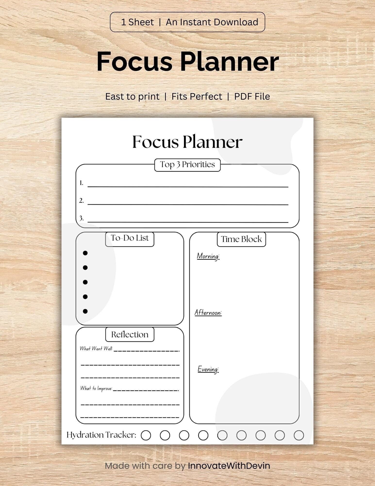 Focus Planner Printable - Prioritize Tasks, Manage Time, and Reflect - Etsy