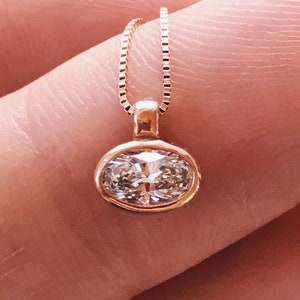 Natural Oval Diamond Pendant | Delicate Genuine Horizontal or Landscape Diamond Pendant | SOLID 14k Rose Gold | Yellow Gold | White Gold