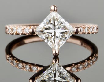 Custom Art Deco Princess Diamond Engagement Ring | Art Deco Wedding Ring | Certified Diamond Ring | French Cut Pavé Band