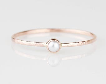 3mm Freshwater Pearl Stacking Ring - Delicate SOLID 14k Rose or Yellow or White Gold June Birthstone Ring - Dainty Gold Stacking Ring