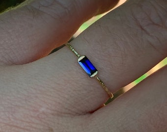 Natural Blue Sapphire Baguette Ring | Art Deco Baguette Stack Ring - White Yellow Rose Gold | Blue Sapphire Ring | September Birthstone