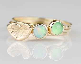 SOLID Gold Natural AAA Opal and Chrysoprase Rings | Gold Heart Shaped Begonia Leaf | Hand Carved Leaf Ring | Set of Nature Inspired Rings