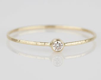 Delicate Natural White Diamond Stacking Ring - SOLID 14k Gold - Hammered Rose or White or Yellow Thread of Gold - Tiny Dainty Stack Ring