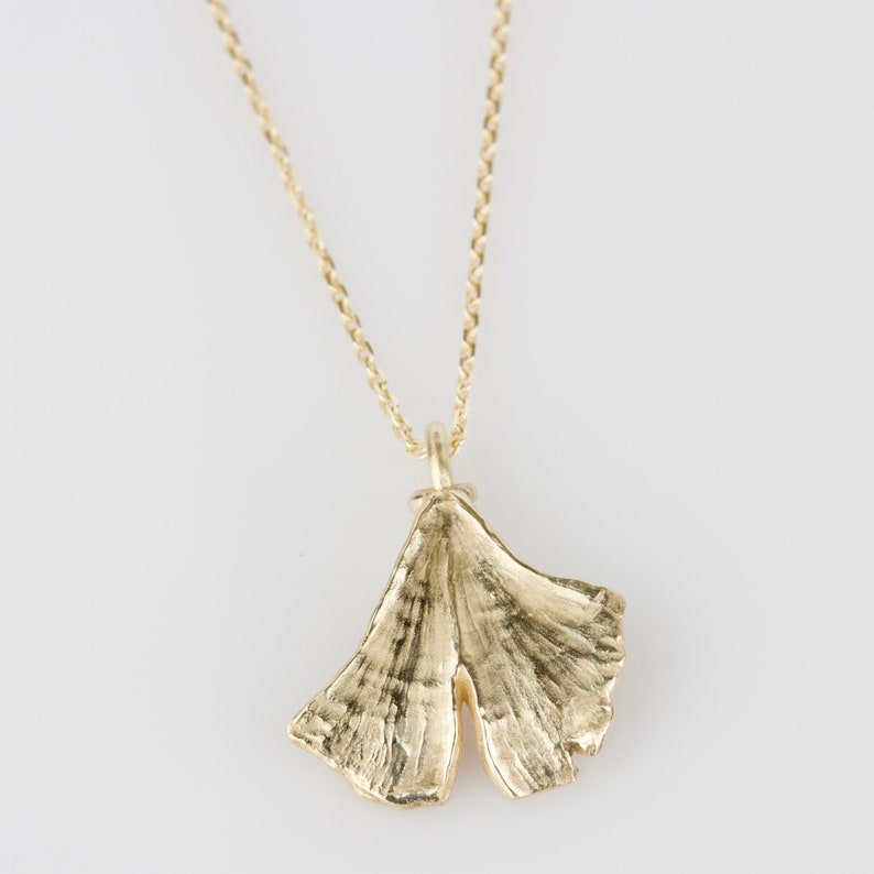 SOLID Gold Gingko Leaf Pendant and Chain Rose Gold Yellow Gold White Gold Gingko Necklace Hand Carved Gingko Leaf Necklace image 2