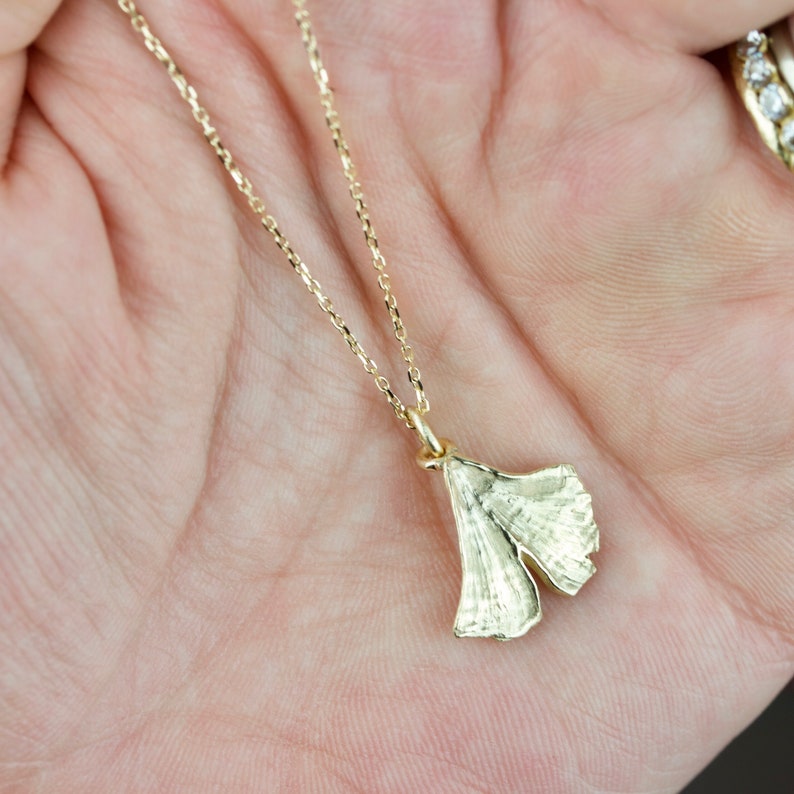 SOLID Gold Gingko Leaf Pendant and Chain Rose Gold Yellow Gold White Gold Gingko Necklace Hand Carved Gingko Leaf Necklace image 6