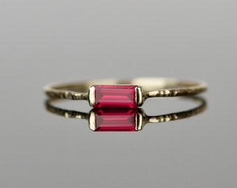 SOLID 14k Gold Ruby Baguette Ring | Lab Ruby Ring | Art Deco Baguette Stack Ring | White Yellow Rose Gold Ruby Ring | July Birthstone Ring