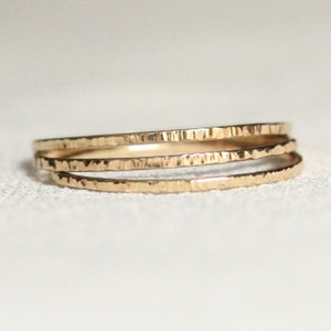 Set of Three SOLID 14k or 18k Green, White, Yellow or Rose Gold Simple Rivet Hammered Threads of Gold Tiny Tree Bark Twig Stack Rings image 1