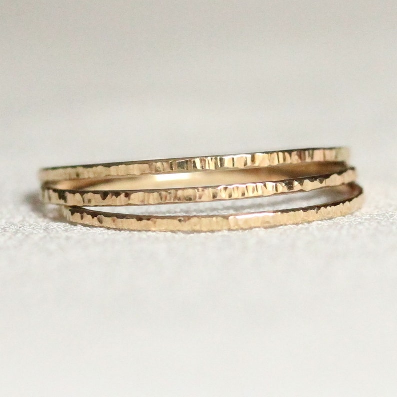 Set of Three SOLID 14k or 18k Green, White, Yellow or Rose Gold Simple Rivet Hammered Threads of Gold Tiny Tree Bark Twig Stack Rings image 1