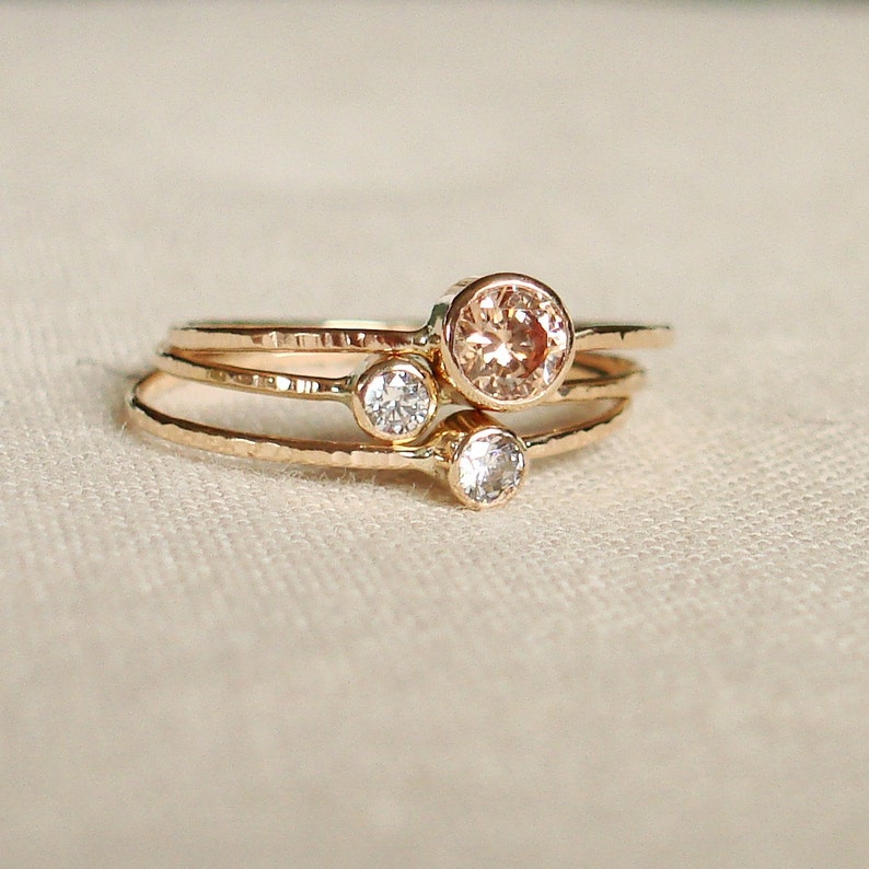 3 Gold Birthstone Rings Mother Ring Children Rings SOLID 14k White Yellow or Rose Gold 3 Delicate Gemstone Stack Rings image 2