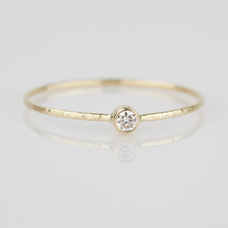 Delicate Natural White Diamond Stacking Ring SOLID 14k Gold Hammered Rose or White or Yellow Thread of Gold Tiny Dainty Stack Ring image 3