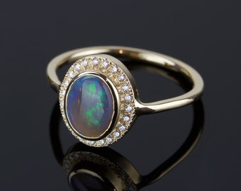 Black Opal Diamond Ring | Custom Opal Diamond | Natural Colorful Opal Ring | Australian Opal | Rose Gold | Yellow Gold | White Gold