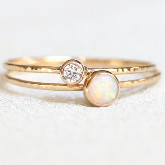 Diamond and Opal Ring Set SOLID 14k Gold October April Birthstone Rings Mother Child Rings White Yellow or Rose Gold AAA White Opal