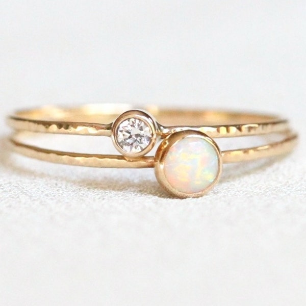 Diamond and Opal Ring Set SOLID 14k Gold - October April Birthstone Rings - Mother Child Rings - White Yellow or Rose Gold - AAA White Opal