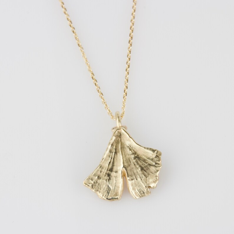 SOLID Gold Gingko Leaf Pendant and Chain Rose Gold Yellow Gold White Gold Gingko Necklace Hand Carved Gingko Leaf Necklace image 1