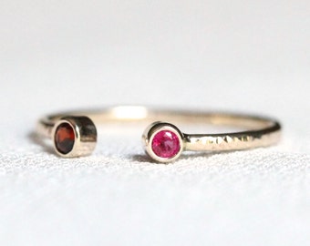 SOLID Gold Custom Birthstone Ring | Two Birthstones | Dual Gemstone Cuff | Toi et Moi 14k Stacking Ring | Rose | Yellow | or White Gold