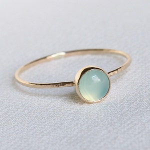 SOLID Gold Aqua Chalcedony Ring Simple Tiny Gold Chalcedony Stack Ring Hammered Gold Band Delicate Chalcedony Ring image 2