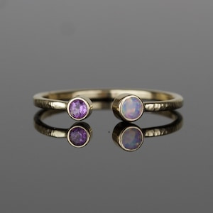 Personalized SOLID Gold Natural AAA Opal and Birthstone | Rose Gold Open Cuff Ring | Yellow Gold | White Gold | Toi et Moi | October