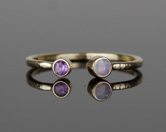 Personalized SOLID Gold Natural AAA Opal and Birthstone | Rose Gold Open Cuff Ring | Yellow Gold | White Gold | Toi et Moi | October