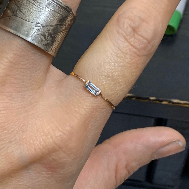 White Yellow Rose Gold Topaz Stack Ring Solid 14k Gold Sky Topaz Baguette Ring Natural Sky Topaz Art Deco Ring March Birthstone Ring