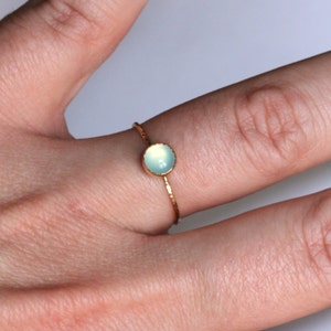 SOLID Gold Aqua Chalcedony Ring Simple Tiny Gold Chalcedony Stack Ring Hammered Gold Band Delicate Chalcedony Ring image 4