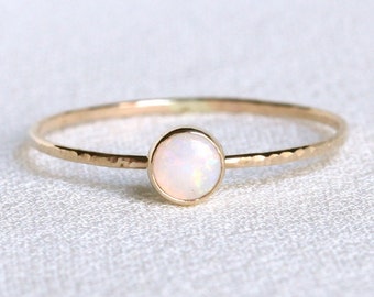 Natural AAA Opal Ring - SOLID 14k Gold - Simple Stack Ring with Natural Fiery Australian White Opal - October Birthstone