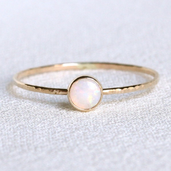Natural AAA Opal Ring - SOLID 14k Gold - Simple Stack Ring with Natural Fiery Australian White Opal - October Birthstone