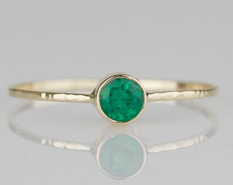 SOLID Gold Natural Emerald Ring | Thin Band Emerald Ring | Rose or White or Yellow Gold | Hammered Ring | May Birthstone