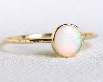 SOLID Gold Natural AAA Opal Ring | Colorful Opal Ring | Genuine Fiery Australian White Opal | October Birthstone | Simple Opal Ring