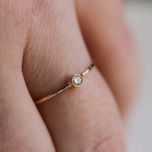 Delicate Natural White Diamond Stacking Ring SOLID 14k Gold Hammered Rose or White or Yellow Thread of Gold Tiny Dainty Stack Ring image 7