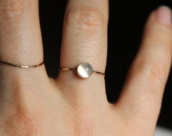 Delicate 14k Gold Moonstone Stack Ring - Moon on a Golden Thread - Simple Beautiful SOLID 14K Gold White Moonstone Stacking Ring