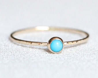 Tiny Birthstone Ring in SOLID Gold - 3mm Gemstone Stacking Ring in SOLID 14k Gold - Bezel Setting and Hammered Band - Simple Delicate Dainty