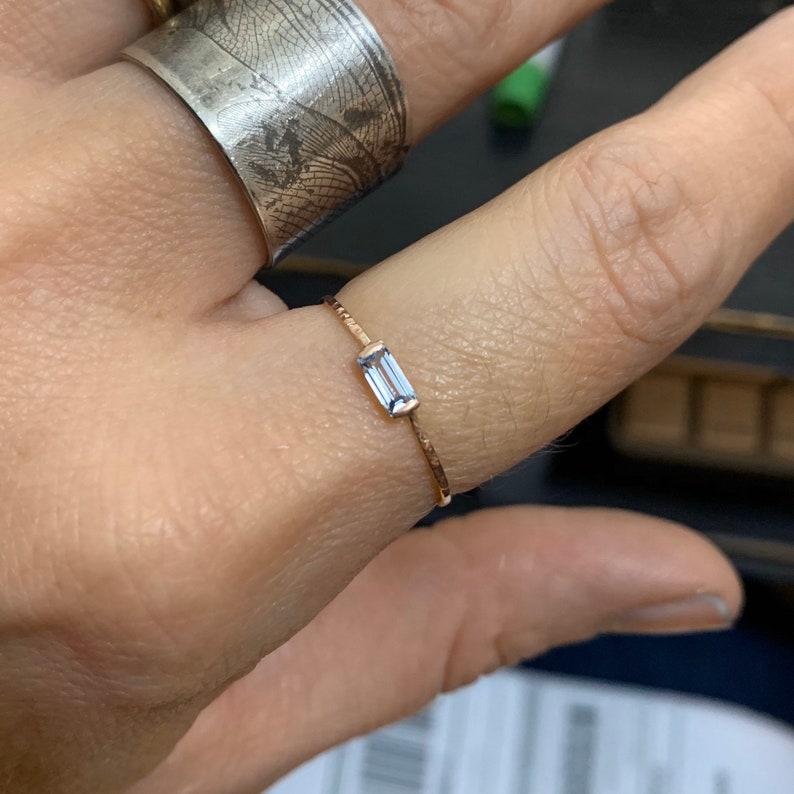 White Yellow Rose Gold Topaz Stack Ring Solid 14k Gold Sky Topaz Baguette Ring Natural Sky Topaz Art Deco Ring March Birthstone Ring