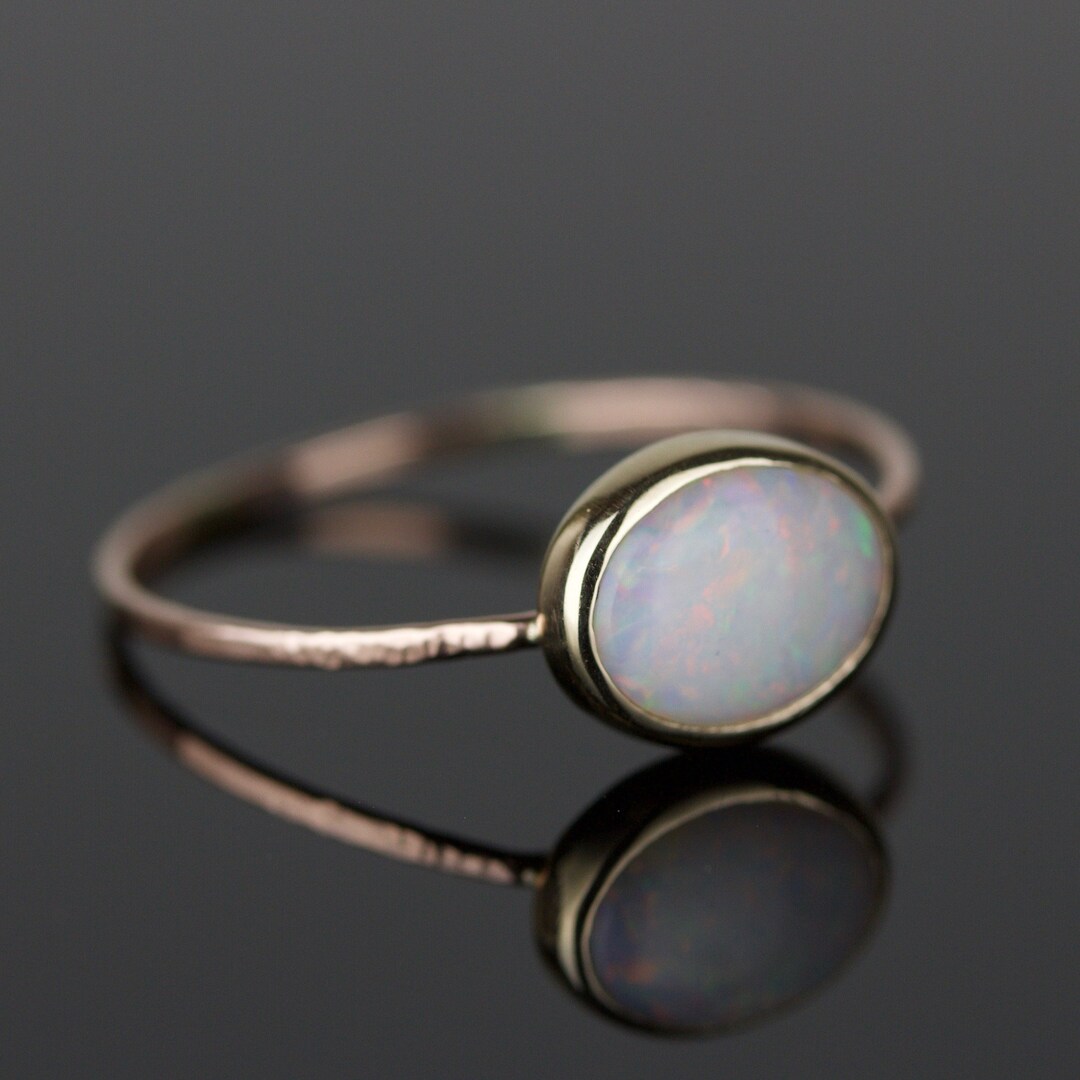 SOLID Gold Natural AAA Oval Opal Ring | 14k Gold Simple Stack Ring With ...