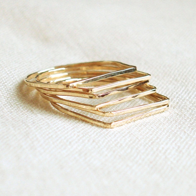 SOLID Gold 14k or 18k Rings Geometric Rings Slim Rings Rose Gold Green Gold |Yellow Gold White Gold Six Square-Top Stack Rings