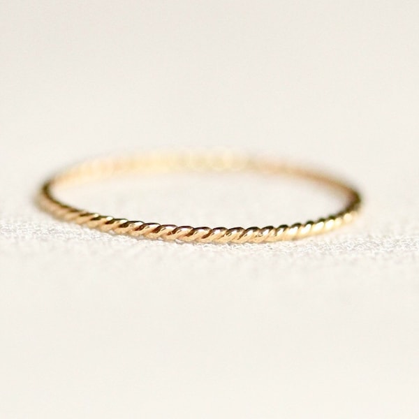 Thin Rope Ring in SOLID Gold - 1mm Delicate Twist Stack Ring 14k Rose or Yellow Gold - Tiny Twist Textured Ring - Dainty Thin Tiny Stack