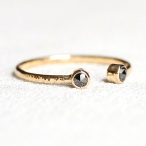 Rose Cut Black Diamonds Open Cuff Ring - SOLID 14k Gold - Rose or White or Yellow Gold Dual Diamonds Stacking Ring - Delicate Toi et Moi