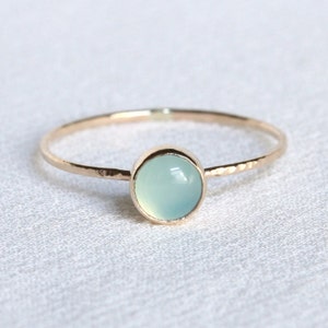 SOLID Gold Aqua Chalcedony Ring | Simple Tiny Gold Chalcedony Stack Ring | Hammered Gold Band | Delicate Chalcedony Ring
