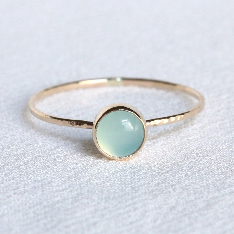 SOLID Gold Aqua Chalcedony Ring Simple Tiny Gold Chalcedony Stack Ring Hammered Gold Band Delicate Chalcedony Ring image 1